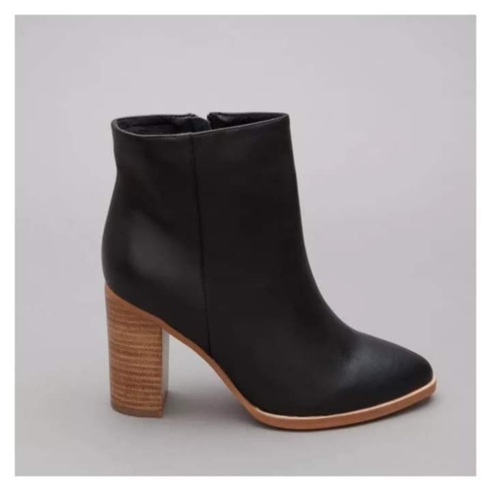 Black vegan leather wood heel ankle boots booties